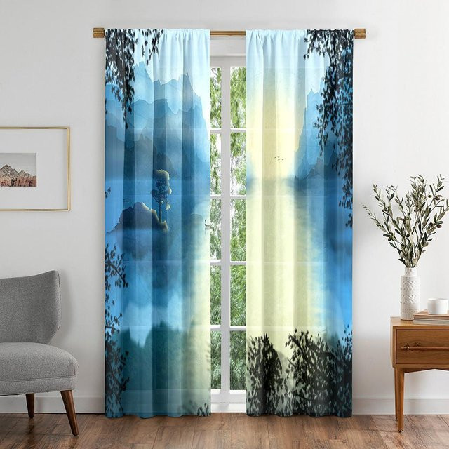 SkyPrinting Verdunklungsvorhang mit bunter Naturlandschaft von Yiran Furniture, Set aus 2 Stück inklusive Haken, Farbe: Mehrfarbig/Blau, B: 50 cm, H: 130 cm - Bild 1