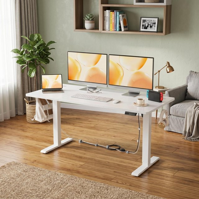 HiMISS Elektrisch Höhenverstellbarer Schreibtisch in Weiß mit Speicherfunktion und leisem Motor, Ergonomischer Sitz-Steh-Computertisch für Home Office und Büro - Bild 1