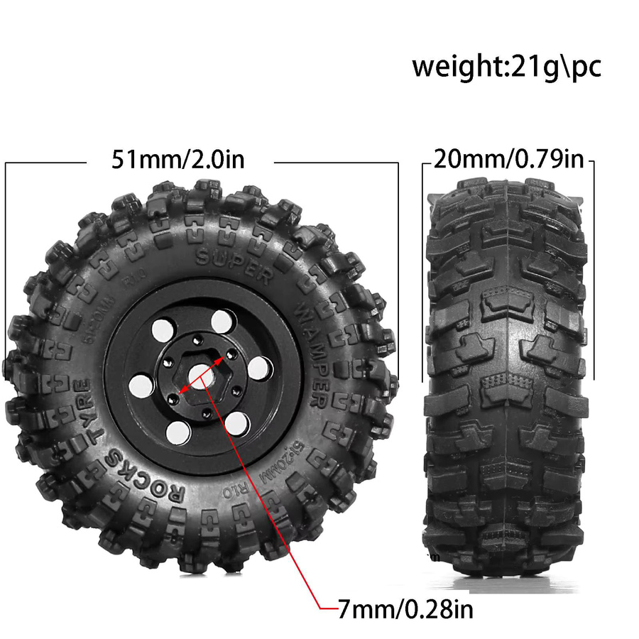 AJRC Beadlock Metall Felgen, 4-teiliges Set, 51mm, Gummi, Schwarz - Bild 2