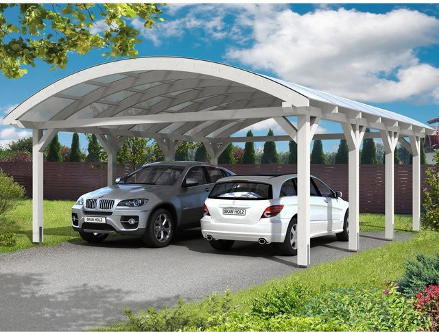 Skan Holz Carport Franken Bogendach aus Fichten-Leimholz mit Doppelstegplatten in Weiß, B: 635 cm, T: 755 cm, H: 325 cm - Bild 1