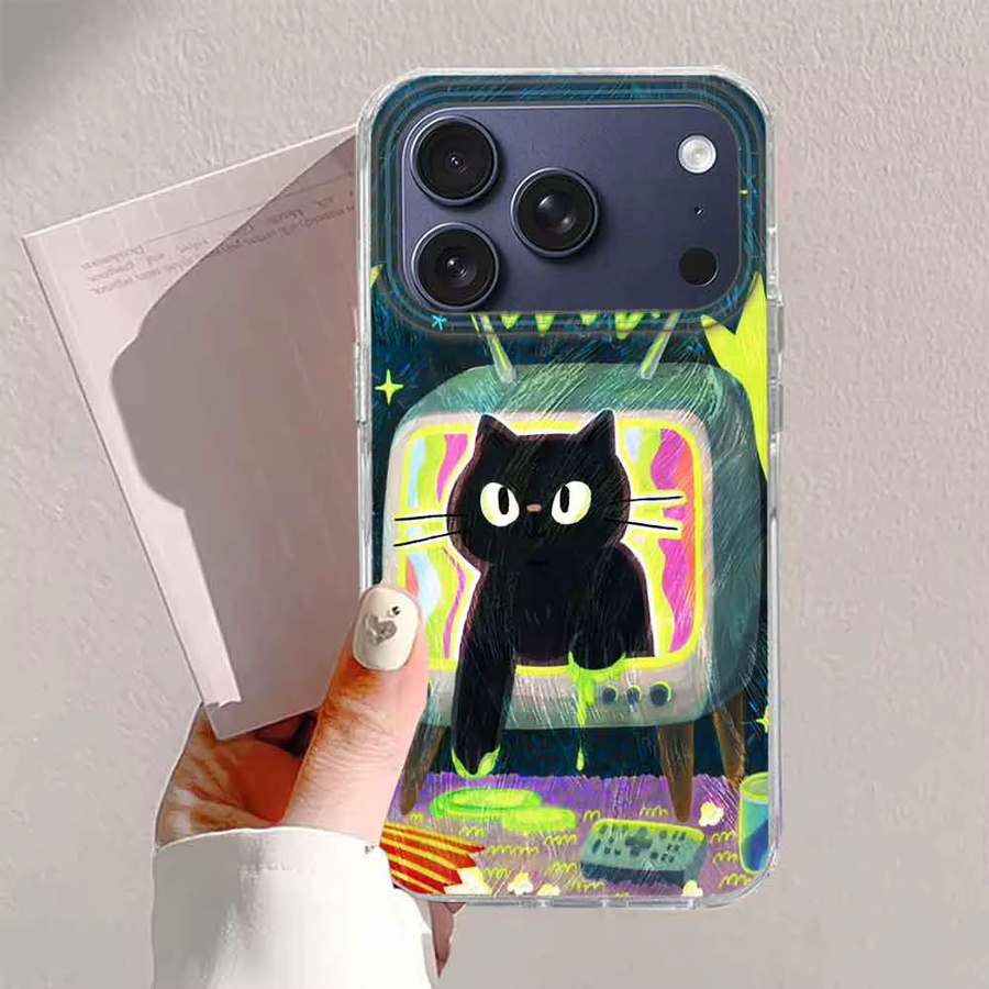 FunYudas Handyhülle für iPhone mit Cartoon Katze und Blumen Design in Schwarz - Bild 2