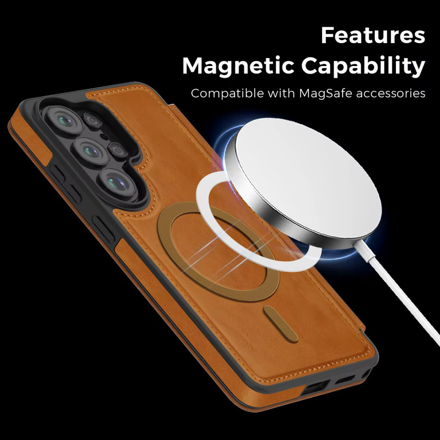 Magnetische Business Leder Handyhülle mit Kartenfach für Samsung S26 S25 Ultra S25 Edge FE kompatibel mit MagSafe in Braun oder Lila - Bild 2