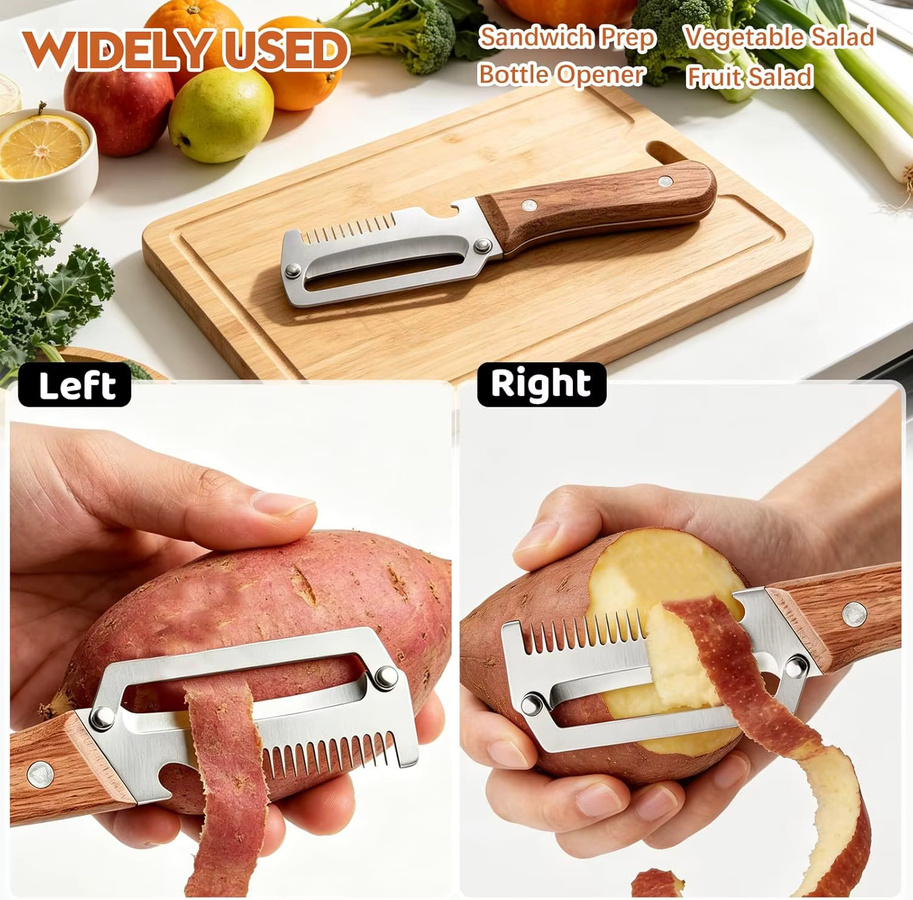 Multifunktionaler Gemüseschäler von LWLYBH aus Edelstahl mit Holzgriff in Silber als Obst- und Kartoffelschneider inklusive Flaschenöffner - Bild 4