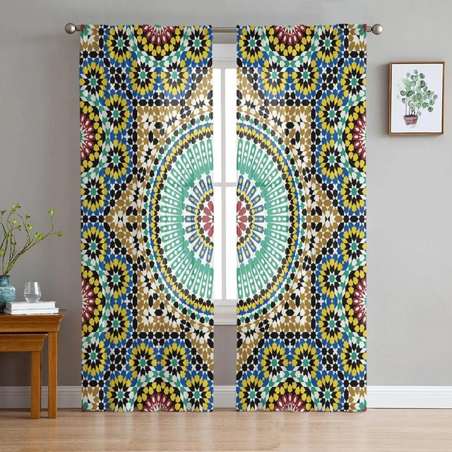 Yiran Furniture Marokkanische Tüllvorhänge aus transparentem Voile mit Grafikprint, Mehrfarbig, B: 135 cm, H: 215 cm - Bild 1