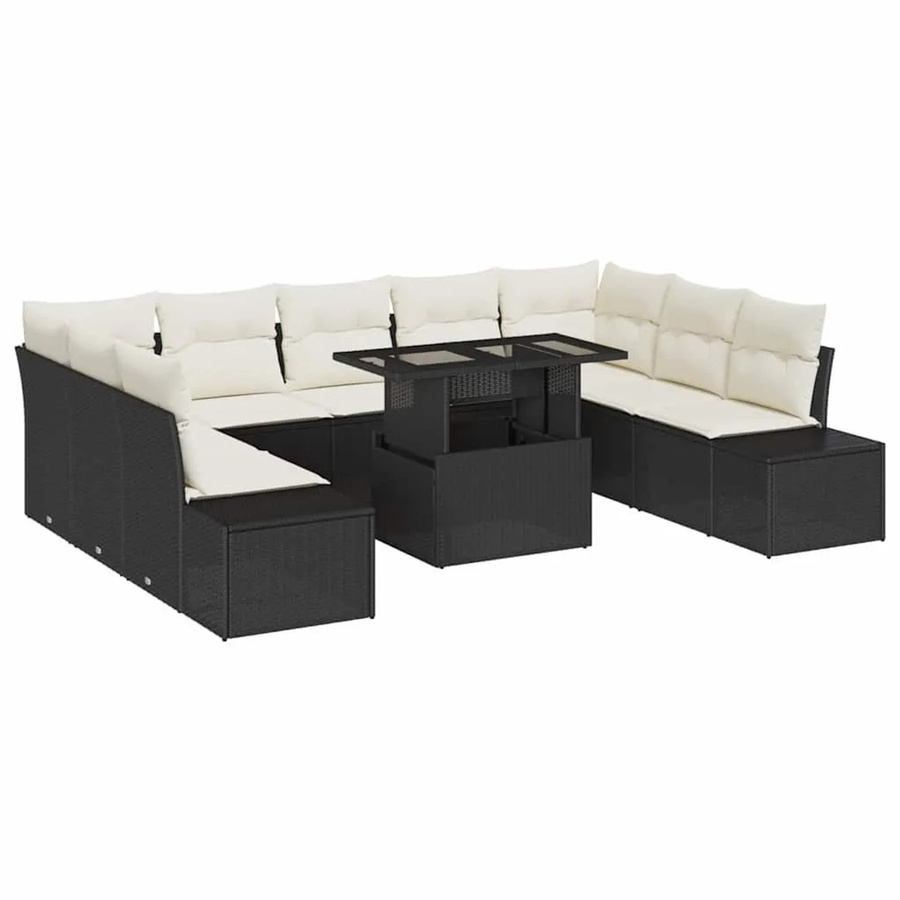 vidaXL Garten-Sofa-Set 10-tlg. in L-Form mit Kissen und Couchtisch, Schwarz und Beige - Bild 2