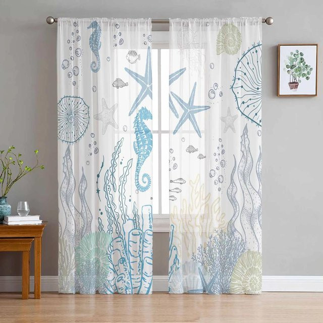 Yiran Furniture Transparente Tüll-Vorhänge mit Marine-Motiv Muscheln Seesterne und Seepferdchen, Weiß, B: 135 cm, H: 215 cm, 2er-Set - Bild 1