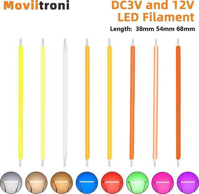 5 Stück COB LED Filament Ersatzteile für Edison Glühlampen, Multicolour, DC 3V 12V, Länge: 68 mm - Bild 1