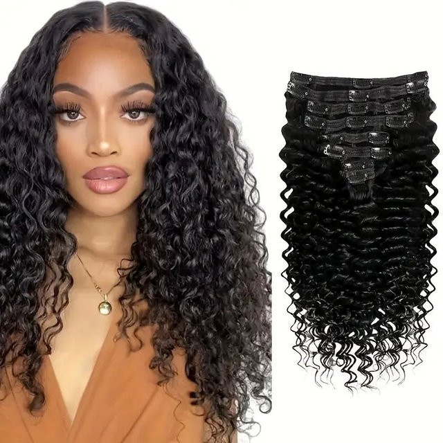 Happy Monday Clip-in-Haarverlängerungen, Echthaar, tiefe Wellen, Schwarz, 120 g - Bild 1