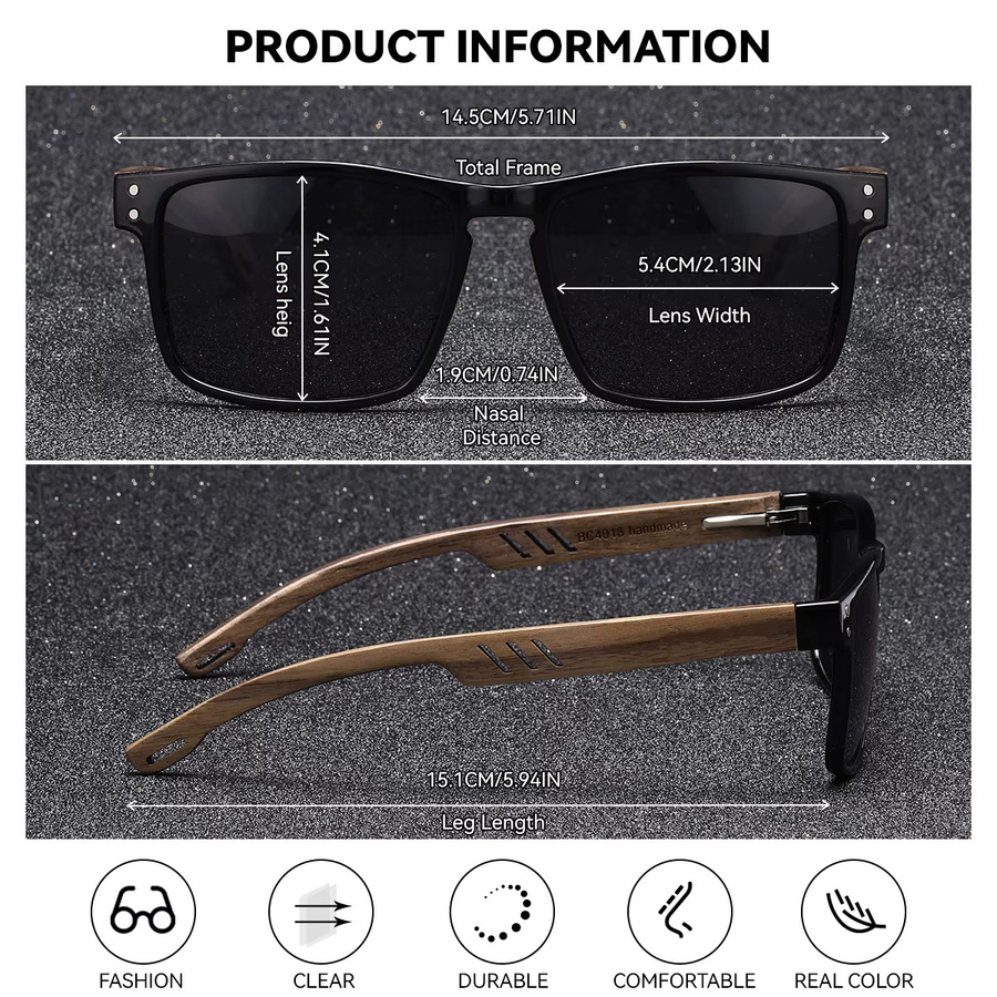 BARCUR Sonnenbrille, quadratisch, Holz, Vollrand, Unisex, polarisiert - Bild 3