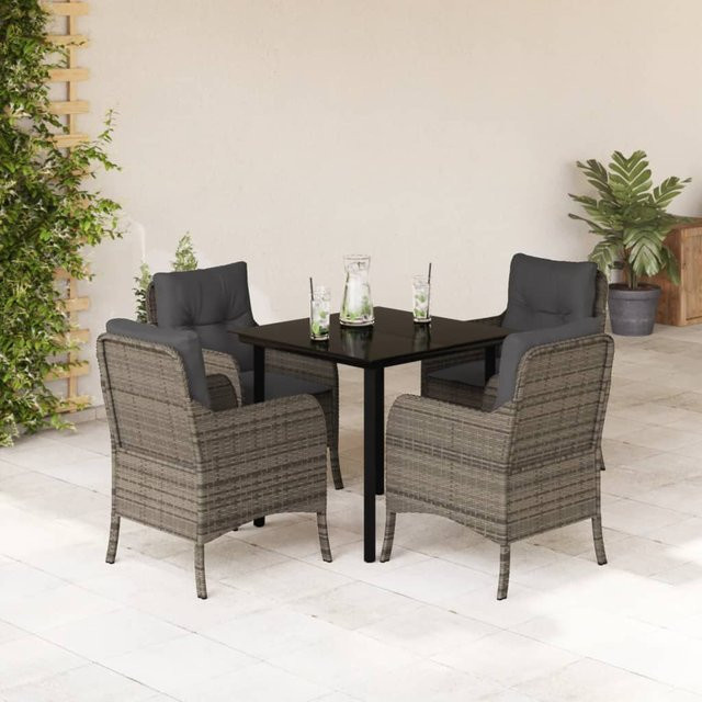 vidaXL 5-teilige Garten-Essgruppe aus PE-Rattan mit Kissen und Hartglas in Grau - Bild 3