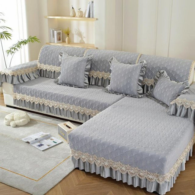 Super Six Sofabezug im Jacquard-Stil mit Skirt, rutschfest und ganzjährig nutzbar, Grau/Blau, B: 70 cm, T: 120 cm, H: 18 cm - Bild 1
