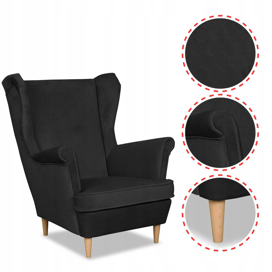 Ohrensessel Angelo von Family Meble im skandinavischen Design aus schwarzem Samt, gesteppt, B/T/H: 80 x 92 x 104 cm - Bild 5