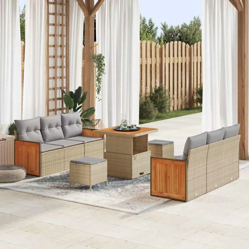 vidaXL Garten-Sofa-Set aus Polyrattan und Akazienholz in Beige und Grau, 9-teilige Loungemöbel-Garnitur, B/T/H: 80 x 80 x 71 cm - Bild 1