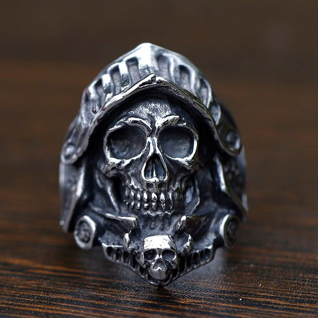 Charming Folk Ring Edelstahl, Silber, Herren, Schädel, Biker - Bild 1