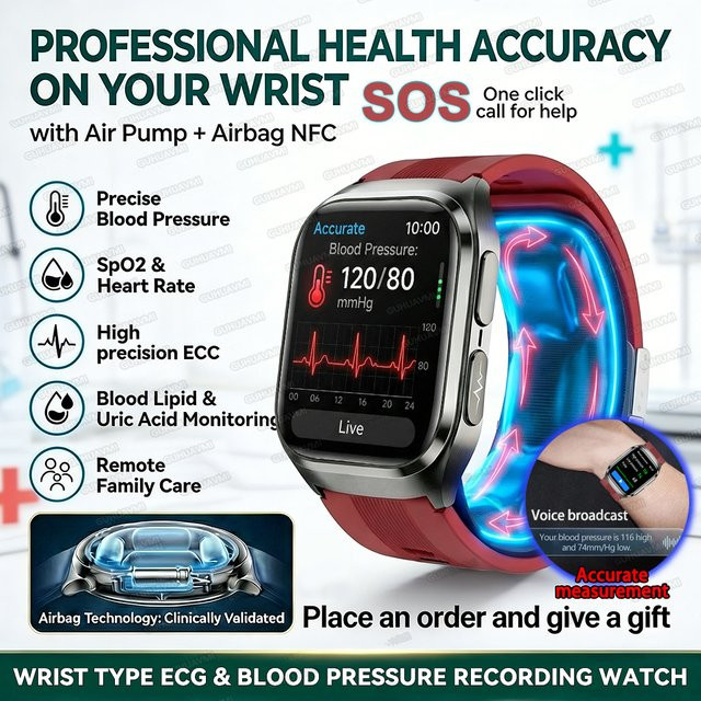 GUHUAVMI Intelligente Blutdruck-Smartwatch mit Airbag-Armband, 1,43 Zoll AMOLED Display, EKG, SpO2, Herzfrequenz- und Schlafüberwachung, Schwarz, Unisex - Bild 1