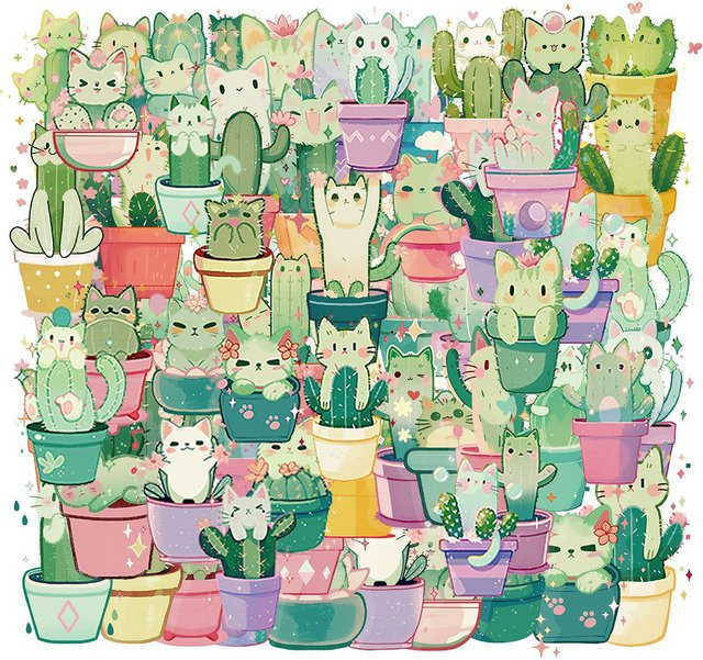 Charile Kaktus Katze Aufkleber, transparent, bunt, 10/30/50 stücke - Bild 1