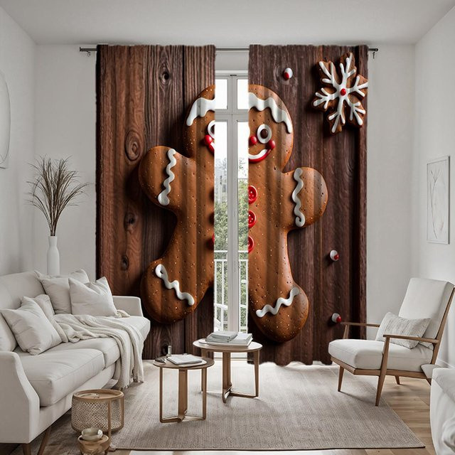2er-Set Weihnachtsdekoration Lebkuchenmann Vorhänge mit digitalem Print, Braun mit gelber Krawatte, B: 132 cm, H: 160 cm - Bild 1
