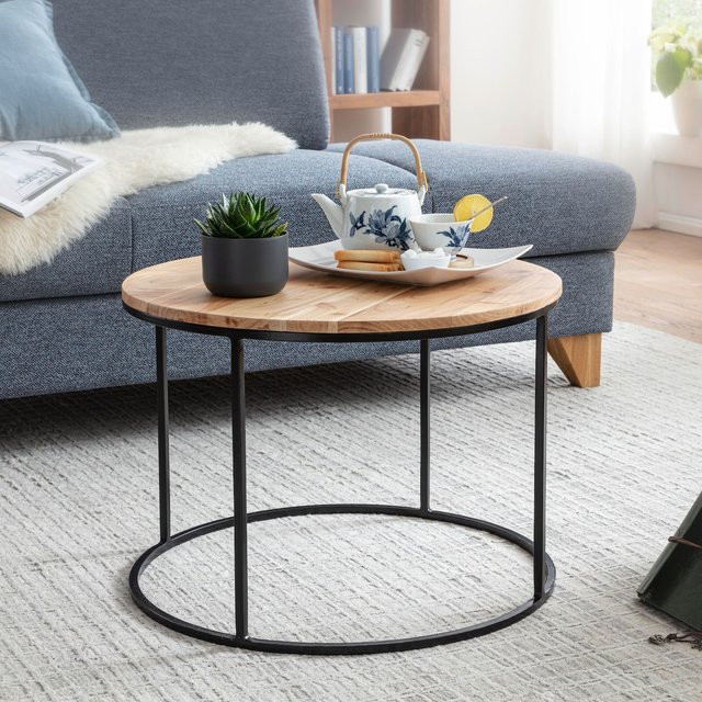 FineBuy Couchtisch aus Akazie Massivholz rund, braun, Durchmesser: 60 cm, Höhe: 43 cm - Bild 1