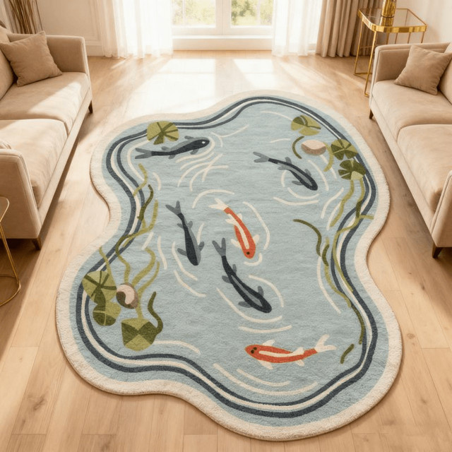 VIKAMA Koi-Teich-Teppich im nordischen Naturstil, blau, maschinenwaschbar - Bild 1