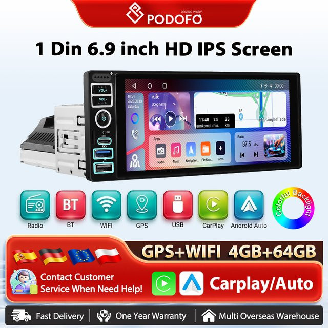 Podofo Carplay und Android Auto Multimedia Player mit 6,9 Zoll Display, GPS, WIFI und AI Sprachsteuerung, 4 GB RAM + 64 GB Speicher, Schwarz - Bild 1