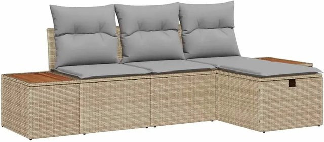 vidaXL Garten-Sofa-Set aus Poly-Rattan in Beige, 4-teiliges Lounge-Set mit Eckelement, 3-Sitzer-Sofa und Ottoman, inklusive wetterfester Kissen - Bild 1