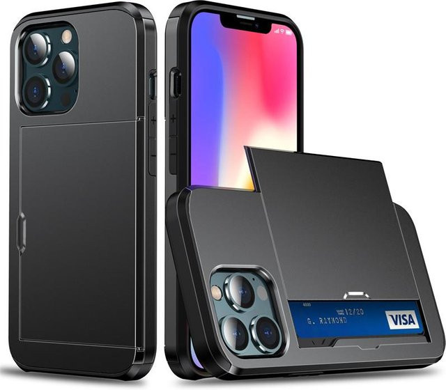 Schutzhülle mit Schiebe-Geldbörse und Kartensteckplatz aus Hart-PC für iPhone Modelle in Schwarz - Bild 1