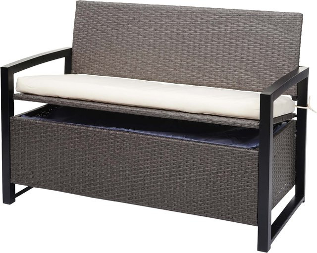 MCW Poly-Rattan 2er Sitzbank F39 als Gartenbank und Truhenbank mit Staufach und Kissen, grau-meliert und beige - Bild 1