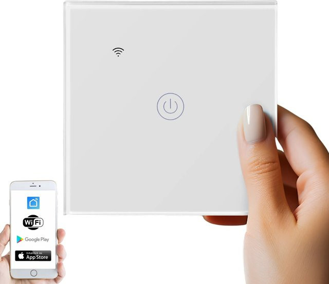 Echos Eco-4150 WLAN Touch-Lichtschalter aus Glas in Weiß, App-steuerbar mit 1 Schaltausgang, kompatibel mit Tuya, Amazon Alexa und Google Assistant - Bild 1