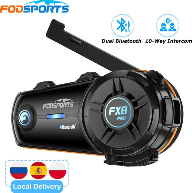 Fodsports FX8 Pro Bluetooth-Gegensprechanlage für Motorradhelme in Schwarz mit Dual BT5.4, App-Verbindung und Musikteilung für bis zu 10 Fahrer - Bild 1