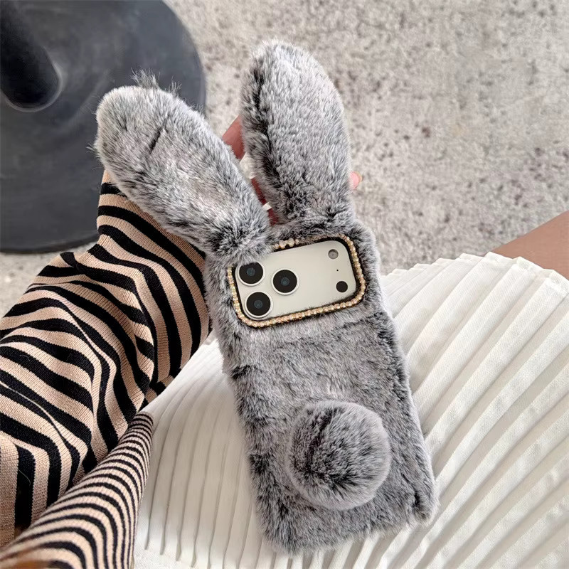 Plüsch-Handyhülle mit 3D Hasenohren für iPhone 11 bis iPhone 17 Air in Pink oder Grau - Bild 2