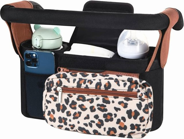 Kinderwagen-Aufbewahrungstasche mit Handy- und Flaschenhalter sowie Becherhalter in Leopard-Optik - Bild 1