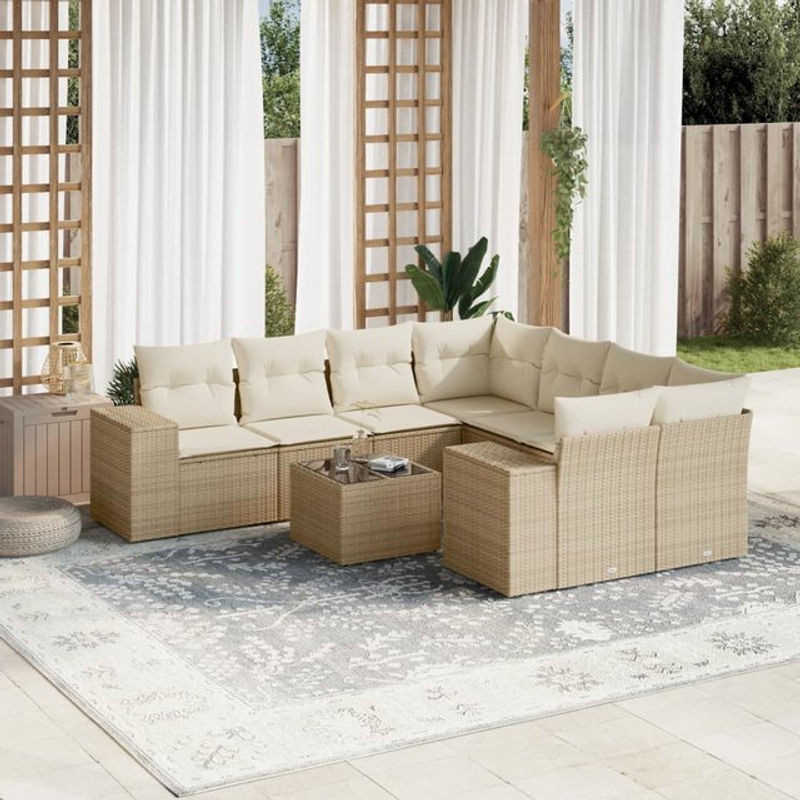 Vidaxl Gartenmöbel-Set aus Polyrattan mit Kissen und Glastisch, 9-teilig, Beige - Bild 1