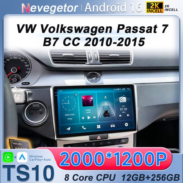 Nevegetor Android 16 Autoradio für VW Volkswagen Passat 7 B7 CC 2010-2015 mit Multimedia Videoplayer, 2Din Carplay und DVD, Schwarz - Bild 1