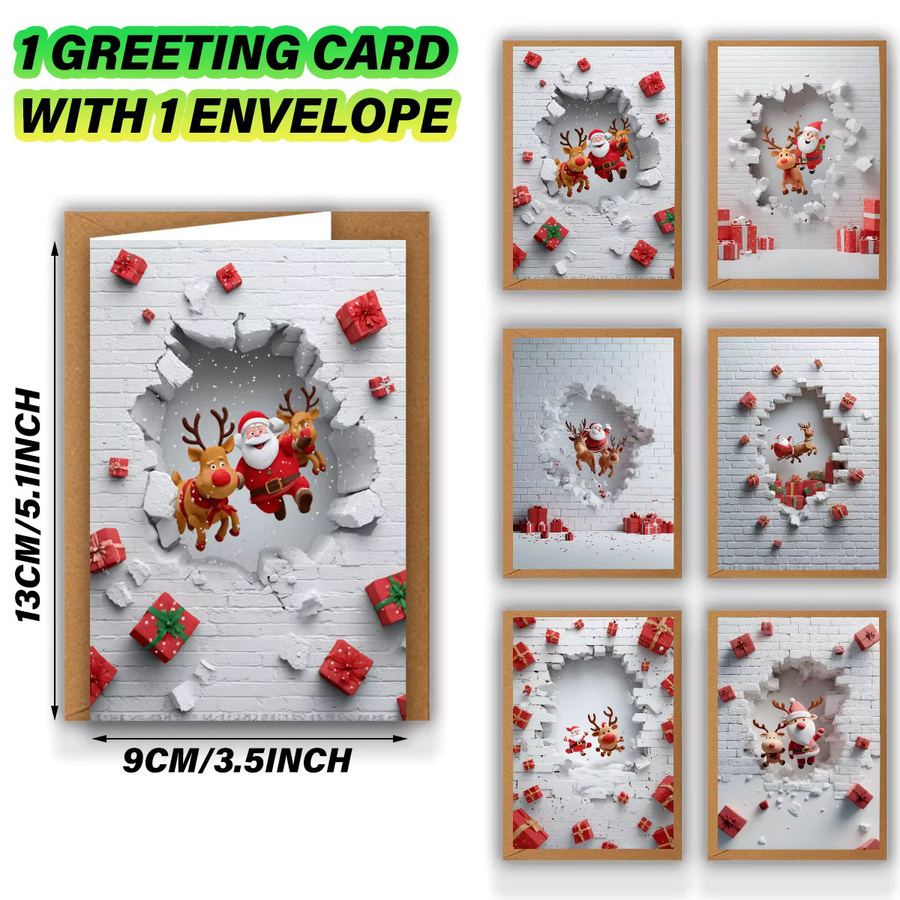 Set aus Weihnachtskarten mit Umschlägen, Pop-Up Grußkarten mit Weihnachtsmann und Rentier, glitzernd, B: 9 cm, H: 13 cm - Bild 3