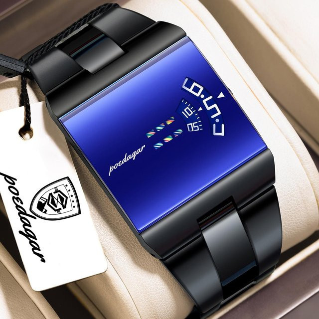POEDAGAR Armbanduhr, Quarz, Edelstahl, rechteckig, schwarz/blau, Herren - Bild 1