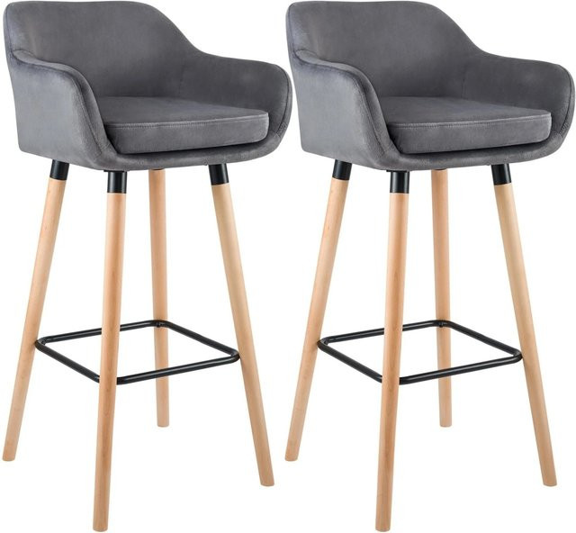 DELUKE 2er Set Barhocker MIRID aus Samt in Grau mit Lehne und Buchenholz, B/T/H: 55 x 46 x 99 cm - Bild 1