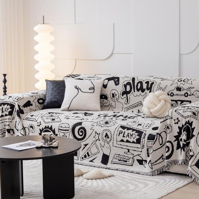 Ins Style Sofabezug aus Jacquard-Stoff mit Cartoon-Design, rutschfest und kratzfest, Farbe: Weiß, B/T: 180 x 130 cm - Bild 1