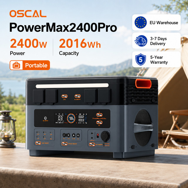 Tragbare Powerstation OSCAL PowerMax 2400Pro 2400W 2016Wh LiFePO4 in Schwarz mit USV-Funktion für Notstromversorgung, Wohnmobil und Camping - Bild 1