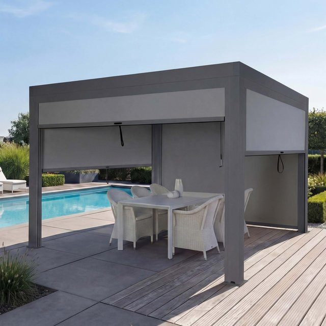 Gartenpavillon MCW Pergola L46 mit Seitenwand und Lamellen in Anthrazit, B/T: 400 x 300 cm, Alu-Gestell - Bild 1