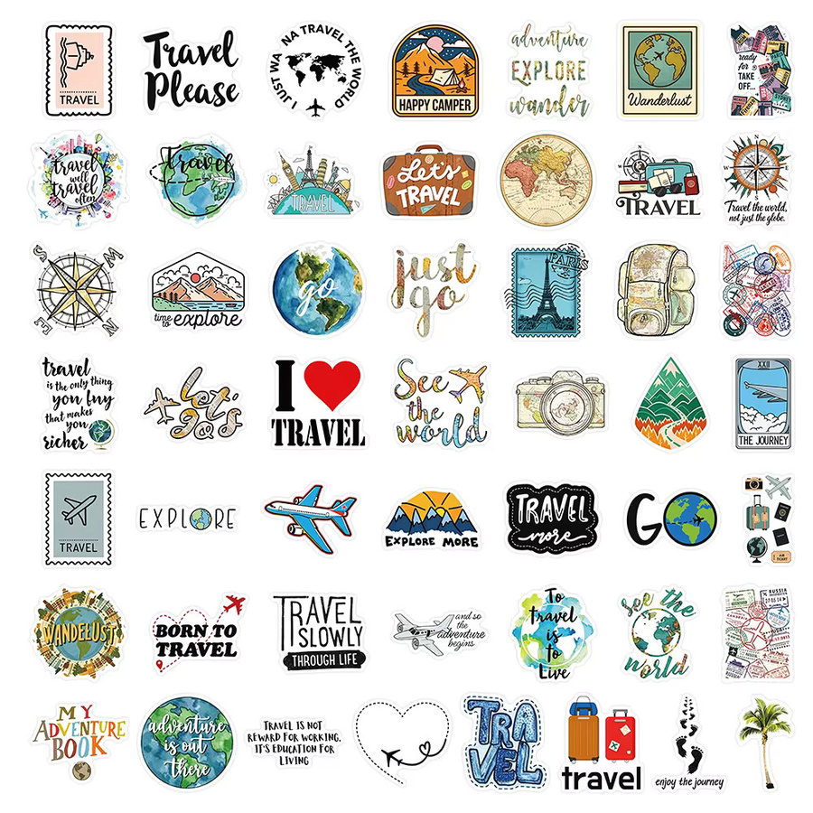 50 Stück wasserfeste Reise-Aufkleber mit Weltkarten- und Landschaftsmotiven in Multicolor von RecordingYourLife Store - Bild 3