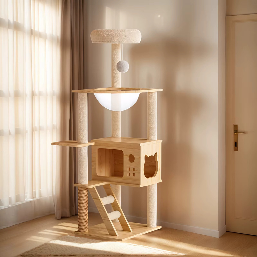GUANGLIE Moderner Katzenturm aus Holz mit Acryl-Hängematte und Höhle in Beige und Gelb mit Sisal-Kratzbäumen und Sitzstange, Höhe: 124 cm - Bild 4