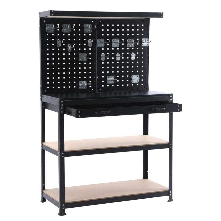 Relaxdays Werkbank aus Stahl und MDF mit Lochwand und Schublade, Schwarz und Silber, B/T/H: 156 x 81 x 41 cm - Bild 2