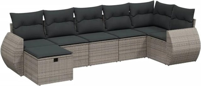 vidaXL 7-tlg Garten-Sofagarnitur aus Poly Rattan in Grau mit Kissen und Ottoman im L-Shape Design - Bild 1