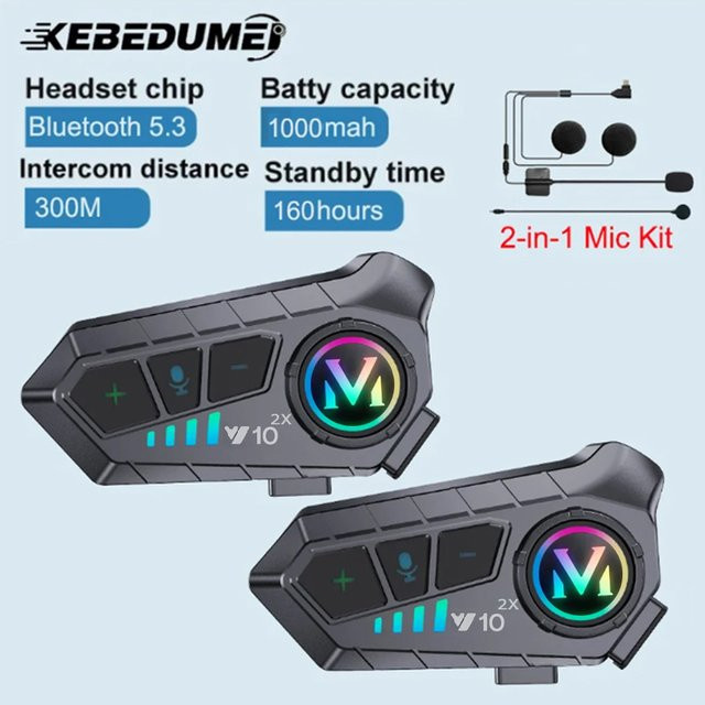 Kebidumei Motorrad Intercom Bluetooth Headset für 2 Fahrer, Wasserdichtes Helm-Headset mit BT 5.3, Schwarz - Bild 1
