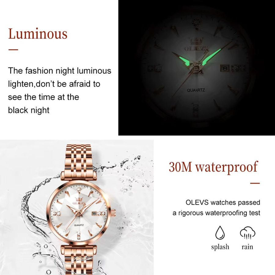 OLEVS Armbanduhr, Quarz, Edelstahl, Roségold, Diamant, Damen - Bild 4