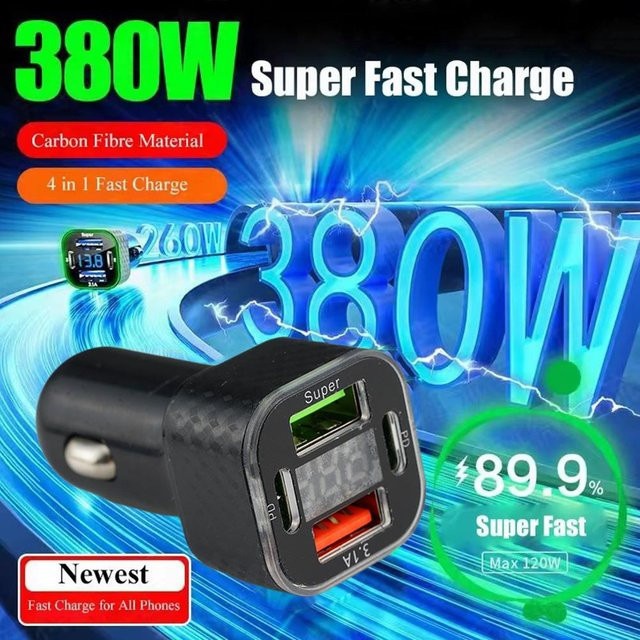 4 in 1 USB C Auto Ladegerät mit 380 W und Dual PD USB Ladestation inklusive Spannung Display in Schwarz für dein iPhone - Bild 1