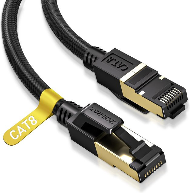 ZoeRax Cat 8 Ethernet LAN Kabel mit RJ45 Stecker, flach und nylon geflochten, Farbe: Schwarz - Bild 1