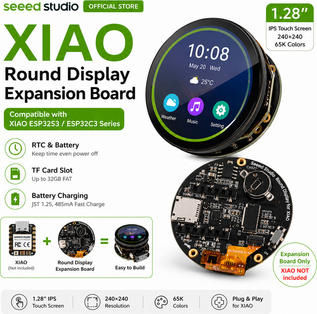 Seeed Studio XIAO ESP32S3/C3 Runde Display-Erweiterungsplatine mit 1,28 Zoll IPS-Touchscreen, 240x240 LCD, RTC und TF-Kartensteckplatz in Schwarz - Bild 1