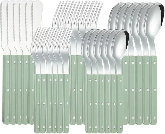 AJOYOUS Besteckset aus Edelstahl mit Acrylgriff in Beige und Silber, 30-teiliges Set bestehend aus Löffeln, Gabeln und Teelöffeln - Bild 1