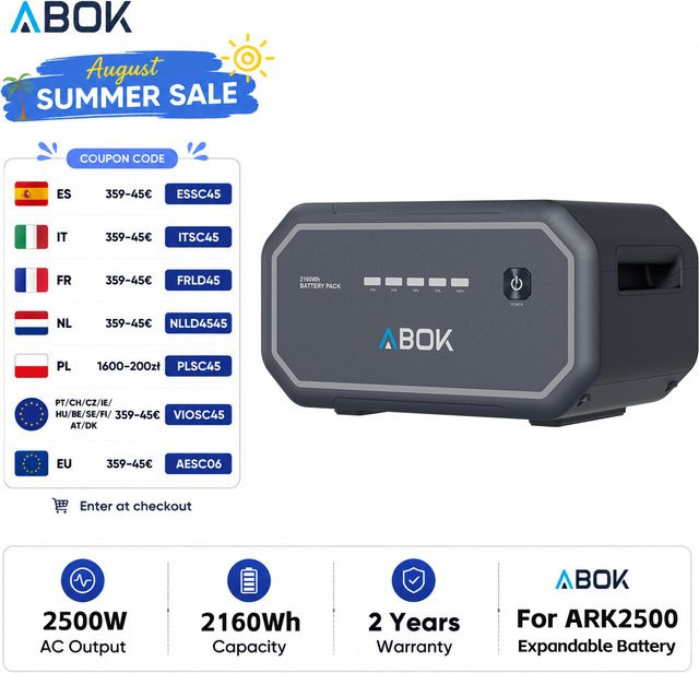 ABOK Erweiterbarer Akku für ARK2500 Tragbare Stromstation, 2500W 2160Wh Solar-Generator für Camping und Outdoor, Grau - Bild 1